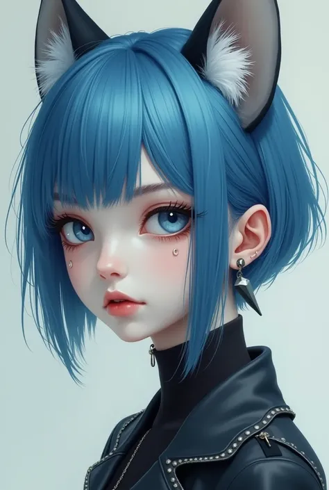  straight hair, short hair, and a face like a fox, Pointed earrings , There are piercings in the mouth ,  blue hair