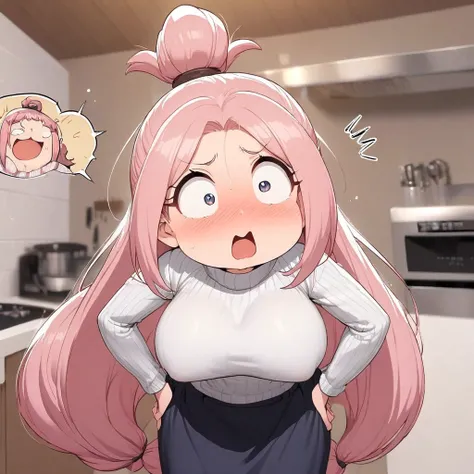 Anime, high detailed, 1 woman, Mature woman, round breasts, chubby beauty, miss Pus-sized, Wearing a sweater, striped sweater, long skirt, enormous long hair, pink hair, Top ponytail (( tied on top, like a topknot)), exasperation expression, in a kitchen, ...