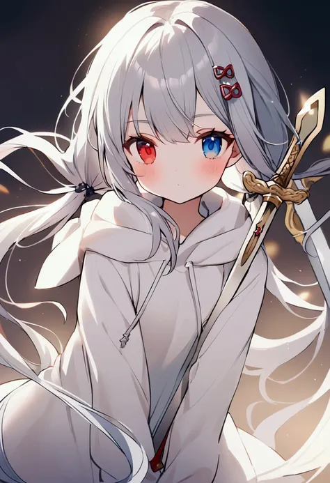     Silver Hair、 Left eye red、Right eye blue、 long hair clip 、        WHITE HOODIE    、cute girl、     twin tails、sword