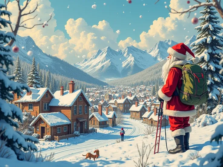 (masterpiece, best quality:1.2), Santa Claus, Village, Christmas, snow, chimneys, mountains in distance, miniature replica, top quality miniature models