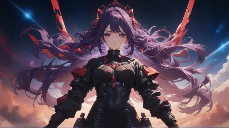 Long view shot Front straight view shot of a mysterious anime girl with long, with long, dark violet hair cascading down her back, dressed in a sleek black buttoned shirt with subtle red piping and a high- tech collar that glows faintly. Light accentuates ...