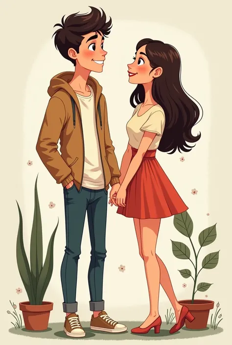 “He is 5.8 feet tall, and she is 4.10 feet tall. He has a curly fringe haircut.she is short.. She have straight long hair.and she wearing short dress.  He 19 years old.. She 21 years old I need a cartoon-style illustration of this.” 