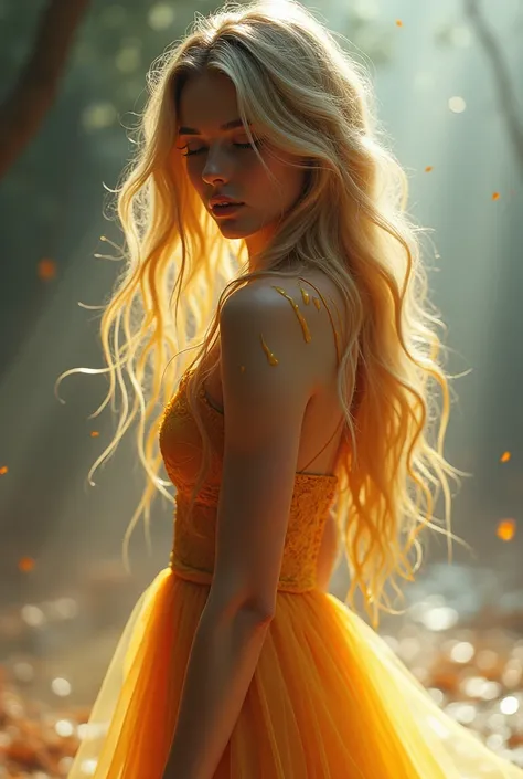 Beautiful blonde woman, with wax dress melting and dripping down the body (masterpiece: 1.2), (best quality), 4k, ultra-detailed, (dynamic composition: 1.4), highly detailed, colorful details, (iridescent colors: 1.2), (bright lighting, atmospheric lightin...