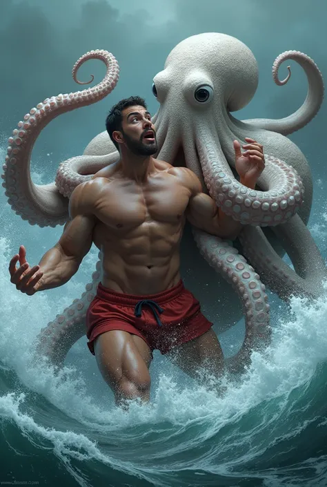 "A thrilling scene where the large octopus, with its glistening tentacles, wraps around the muscular bodybuilder, resembling a white fur-patterned cat (white billa), wearing red shorts. The octopus has ensnared the bodybuilder tightly, with its tentacles g...