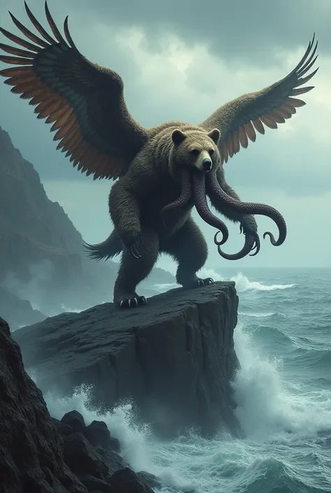 The hybrid, a hulking bear with octopus tentacles and hawk wings, looms on a sea cliff. Tentacles grip the rocks as it stretches its wings, ready to take flight over a churning ocean.

Give me a cinematic vibes image. Image size ratio 9:16 