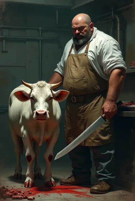 Draw me a picture with a cow in the middle and a butcher next to it with a sharp knife in his hand.