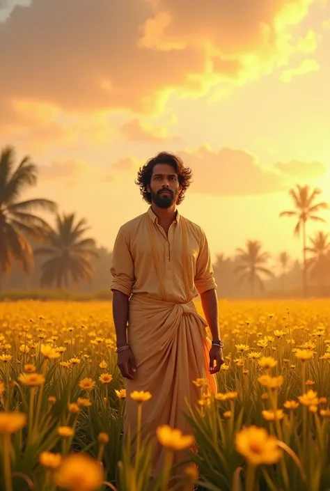 Beautiful south indian cultured man. Standing in yellow flower filed. Vast sky. Sunset