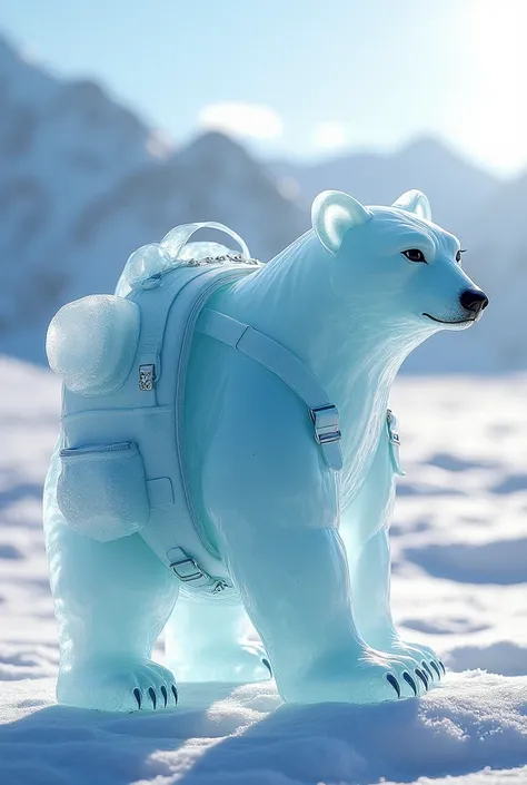 A backpack made of ice in the shape of an ice bear 