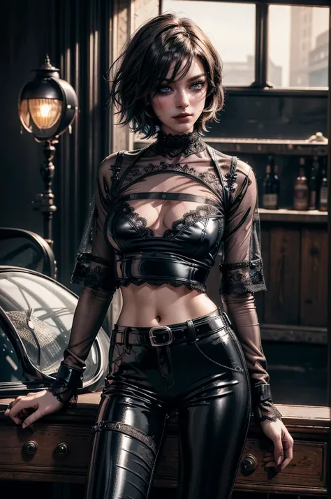 lora_Emma, perfecteyes eyes,(((cowboy shot))),a pretty 21 year old girl,back hair,short hair, hair over one eye,blue eyes,skinny body type, ((ultra glossy and shiny latex)), (((black mesh shirt with lace))),(black latex pants), ((two wide decorative belts)...