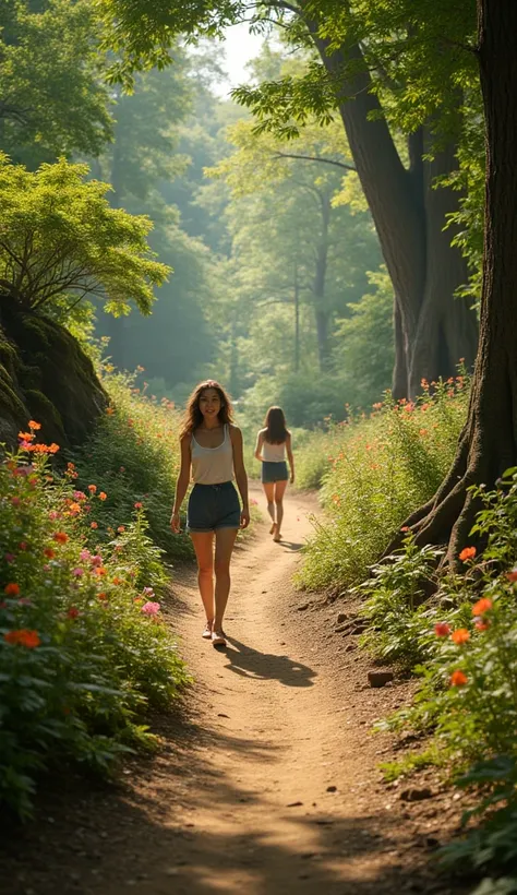 A realistic image showing two people walking along separate forest trails. One person walks on a well paved path surrounded by blooming flowers, while the other strolls on a rugged dirt trail with towering trees. Both appear content and focused on their ow...