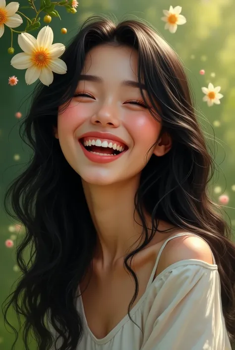  Make a picture of a woman with long black wavy hair with a mole on the upper corner of the lips. Laughing against the background of the garden . With the shirt covered