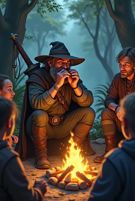 Medium thief playing the harmonica , with a sword on his back, a group of ren of different races are sitting next to him on a campfire
Based on Dungeons and Dragons