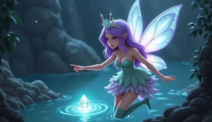 Character:  magical fairy with pastel purple hair, shimmering translucent wings glowing with soft blue and pink hues, wearing a petal-like dress in mint green and lavender tones, complemented by thigh-high stockings and a serene, enchanting expression.
App...