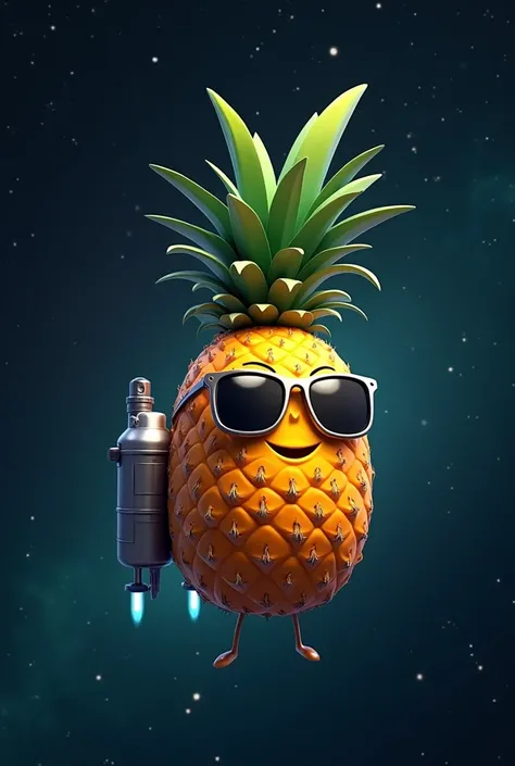 Pineapple in space with jetpack and sunglasses
