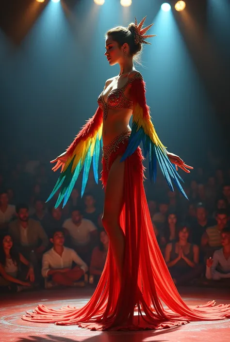 
"Create a hybrid creature combining a human girl and a parrot. The creature has the graceful body of a young woman, but her skin transitions into colorful, vibrant parrot feathers covering her arms, shoulders, and flowing down her legs, merging into a fea...