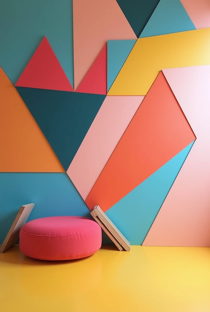 An Art of Wall made of triangles with different simple colors 