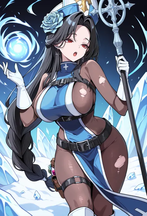 masterpiece, best quality, absurdres, highres, newest, mdnicr, red eyes, black hair, very long hair, braided ponytail, large breasts, blue flower, hair flower, mitre, hat, cross earrings, blue tabard, sideboob, bodystocking, black belt, white gloves, thigh...