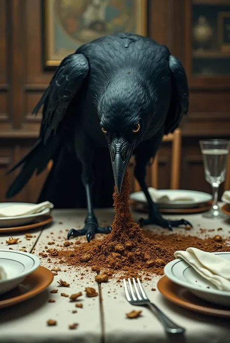 The crow vomited on the dining table with a lot of tobacco on the table