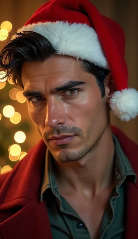 Very handsome guy with black hair in a Santa Claus hat 