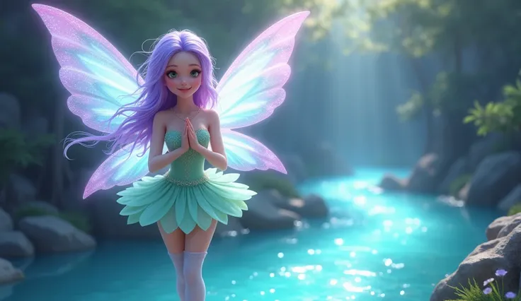 Character:  magical fairy with pastel purple hair, shimmering translucent wings glowing with soft blue and pink hues, wearing a petal-like dress in mint green and lavender tones, complemented by thigh-high stockings and a serene, enchanting expression.
App...