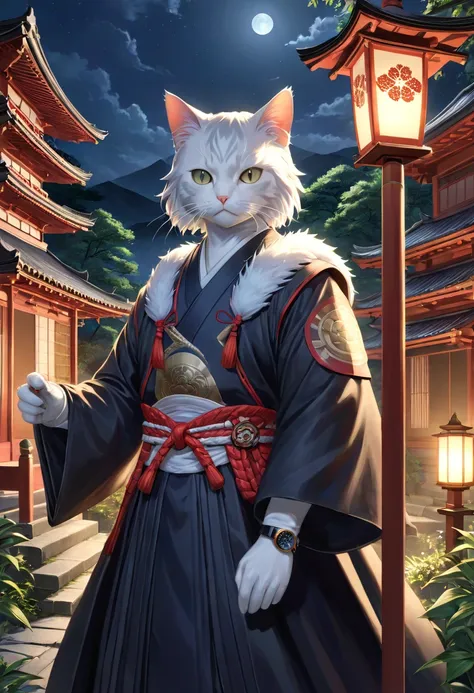 A anthropomorphic silver norvegian cat with beautiful fur samurai [Himura Kenshin:Takeru Satoh:0.1], detailed face, detailed hair, with a content face, katana sword, watch full caution, in insanely intricate detailed scene background, night lighting with l...