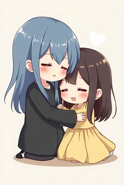 Couple drawing of two girls in love holding each other cuddly Chibi ,  one with light dark skin and long pixie-cut blue hair dressed in black with a long sleeve blouse,  and the other with yellowish white skin with long dark brown bob hair wearing a pretty...