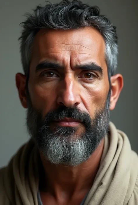 Arab man, 30 years, White,  brown eyes ,  gray beard ,  looking at a penetrating , very big nose, Wearing typical clothes