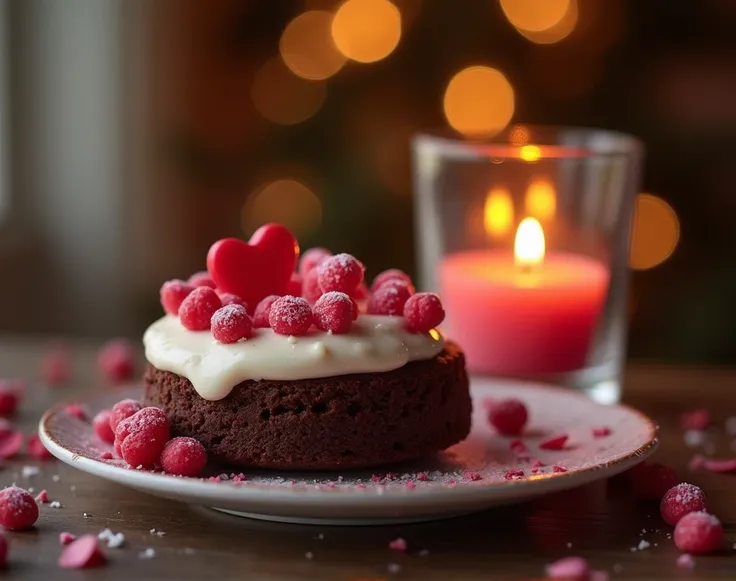 Heart sweets　 chocolate cake with a heart　 Valentine　Cute　Fantastically　 gentle flame of a candle in a glass 　Blur the flame of a candle 　Candy Country