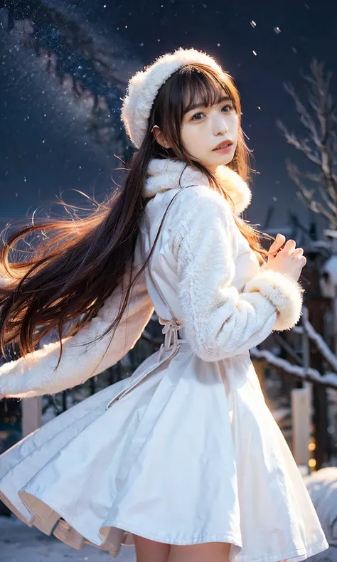 (   Ice pigeons dance、staring at something、Diamond dust flutters、クリーム色のhair、  Heavy snowfall area    、  Its snowing 、   blue eyes、   blue eyes、white winter clothes   、  watching the night sky in frigid regions  、Im wearing a fluffy red scarf、  her breath i...