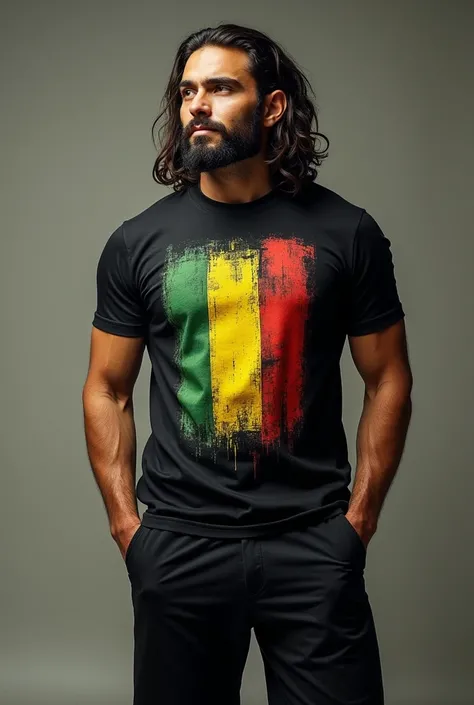 A man wearing a black shirt with rasta and black shorts