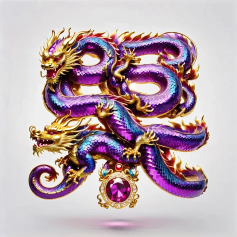 masterpiece， top quality，, A Chinese dragon circling from beginning to end。，Exquisite gold jewelry ，luster，Invert image，A shining reddish purple jewel ，Elegant and noble, Simple background ((  white background ))