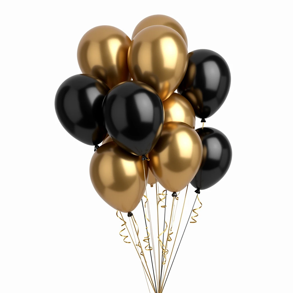 gold and black colored balloons isolated on white or transparent png