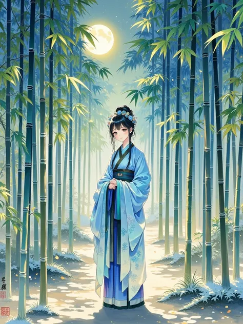 Chinese ink painting, meticulous figure painting, contemporary meticulous painting, hand-painted meticulous painting, literati painting, traditional Chinese art, 1girl, ancient Hanfu clothing, charming, beautiful, girl in a bamboo forest, exquisite composi...