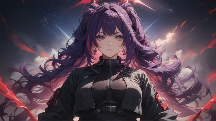 Long view shot Front Front straight view of a mysterious anime girl with long, with long, dark violet hair cascading down her back, dressed in a sleek black buttoned shirt with subtle red piping and a high- tech collar that glows faintly. The light highlig...