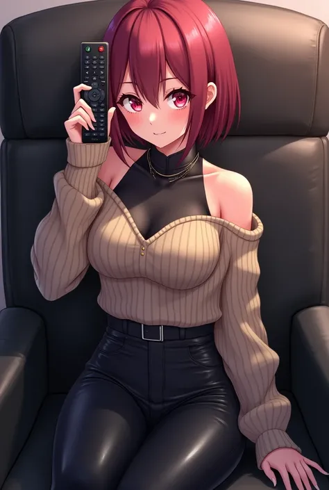 Anime Teenage Woman Has Short, Reddish Hair, with big and expressive eyes of pink color or similar She wears a beige knitted sweater that leaves one shoulder uncovered and has a black leather t-shirt with bare shoulders and black leather pants and black le...