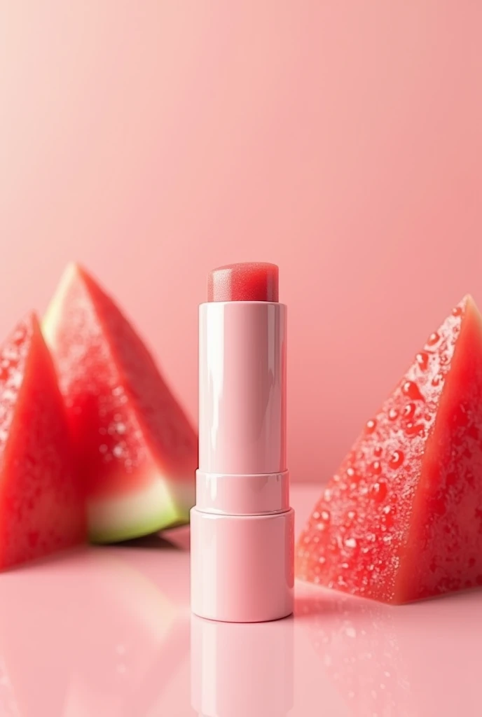 1 lipbalm, few watermelon slice fruit with shine, pink oil.