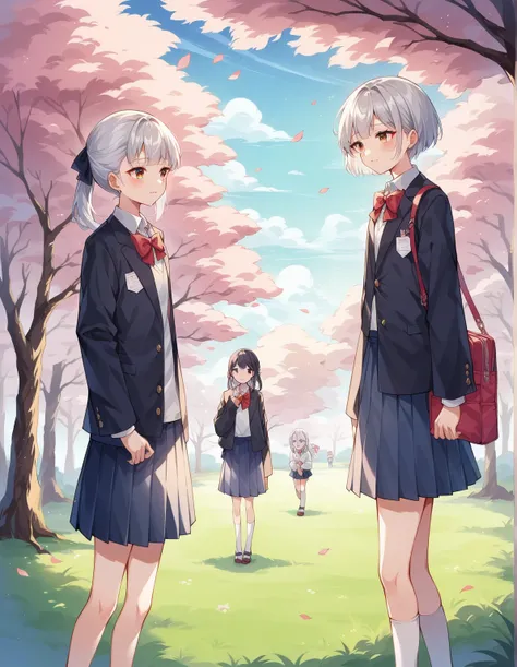 , boyish high school girl with a regal and elegant demeanor. She has short, silver hair that shines softly in the light and sharp, captivating eyes. Her uniform is a traditional Japanese school uniform for girls, featuring a tailored pants style instead of...