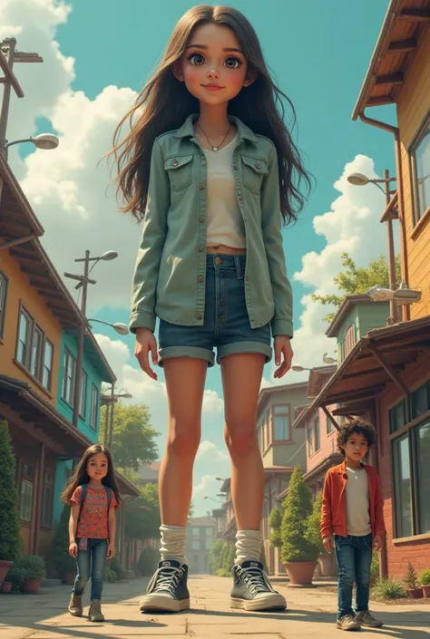 Crazy group of giant girls Girls are bigger than a skyscraper there are 5 girls friendly smiles Girls look different and cool Girls are between 11 and standing in the Schoolyard Everything is tiny little for the girls standing next to the girls is a boy he...