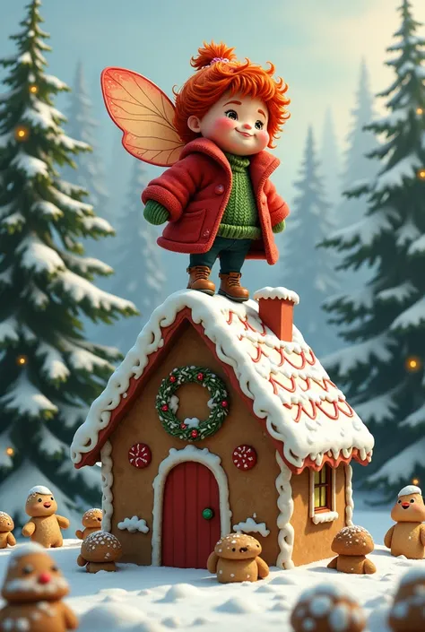 Little fat fairy with long red hair 
Red coat stands on  , is too small 
green sweater
Eats lots of cookies
gingerbread house 
Winterwald
Christmas tree 