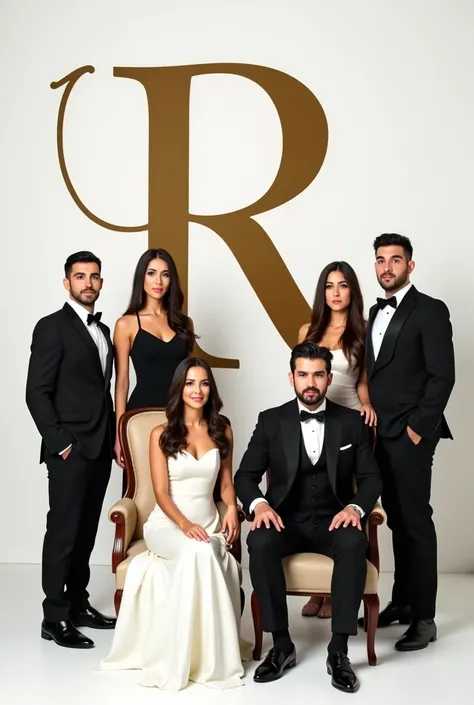 Make a family picture (upwards), a spanish looking family. A plain white but elegan tlooking background, the parents in a chair. The father in a black suit and the mom in a white dress. The 3 girl ren 18 to 25 years old wearing white dresses but elegant. A...