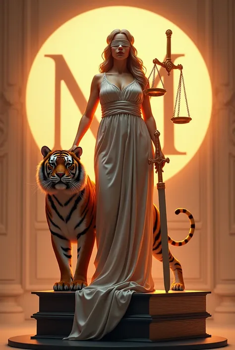  the goddess Themis of justice , Give full body ,  and robust and beautiful ,  showing her boobs , legs thick and with both eyes blindfolded in white and holding a long sword and a scale,  on top of a thick law book , and next to a Tiger with a big vengeal...