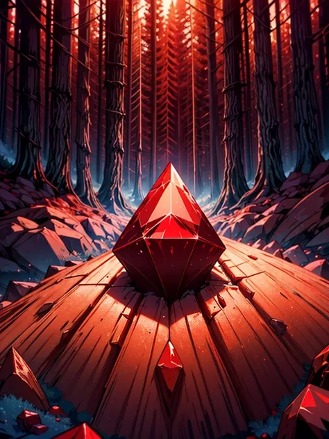 Digging red crystal，in the center of the image, red diamonds of crystals in the middle of the forest, Ultra HD quality, best quality, high quality, realistic, sharp quality, ultra-realistic and realistic, best quality, scenery a forest.