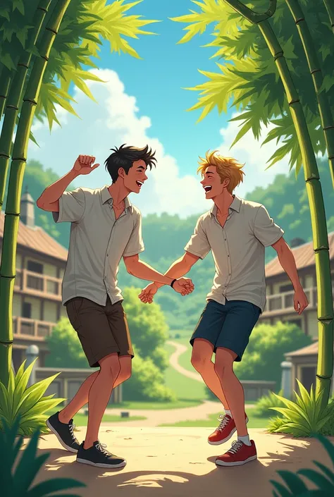 A young male friend laughs with his friend who again races happily gives a shout among the people who are silent among the beautiful country houses filled with shady trees and exotic bamboo houses 