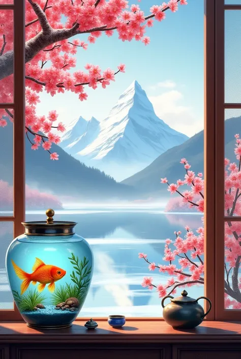 A bright and transparent glass window stands. On the windowsill, there is a large rectangular fish tank. A golden arowana swims cheerfully in the extremely clear water. There are also small water plants in the tank, adding some vitality to the fish tank.
T...