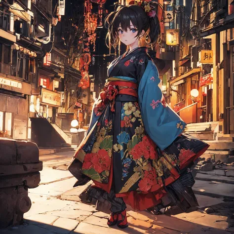 ( top quality,masterpiece:1.2),(Anime Style, comical noir style :1.1), one girl , Cute Style ,Adorable, extremely detailed eyes, face with extra detail, very fine hair,8k,resolution,kimono,Full body portrait