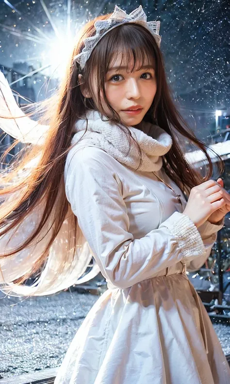 (   Ice pigeons dance、staring at something、Diamond dust flutters、クリーム色のhair、  Heavy snowfall area    、  Its snowing 、   blue eyes、   blue eyes、white winter clothes   、  watching the night sky in frigid regions  、Im wearing a fluffy red scarf、  her breath i...