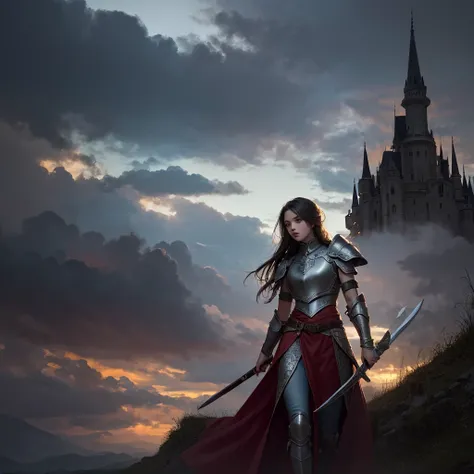 A medieval-inspired album cover featuring a strong, heroic young woman standing confidently. She wears detailed, weathered armor with intricate engravings, holding a glowing sword in one hand. Her long hair flows in the wind as she stands against a dramati...