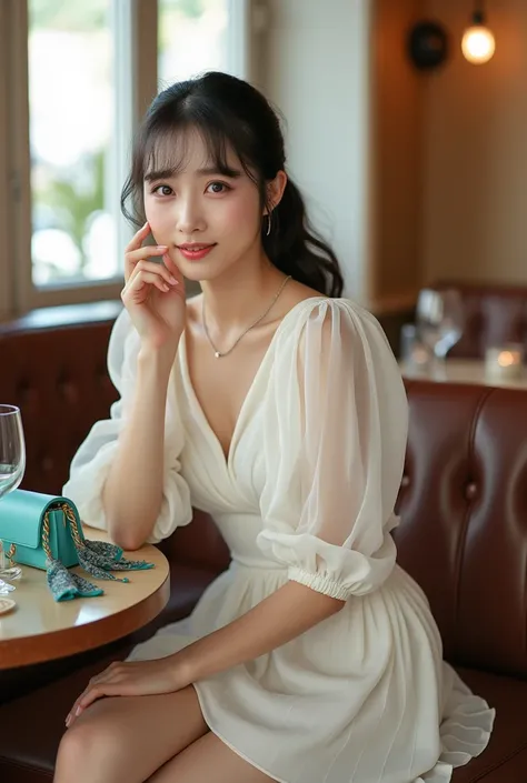 TA highly detailed, photorealistic image of a young East-Asian woman ,16years old,with bangs seated elegantly in a cozy, upscale café or restaurant. She is dressed in a refined, semi-sheer white blouse with puffed sleeves that add a soft, feminine charm to...