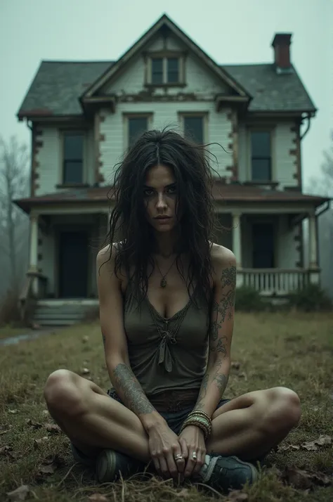 A crazy woman with dirty clothes and sitting in front of an old house