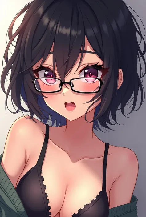 wearing glasses,  wearing a half-dropped sweater showing one of the straps of her bra,  large and well highlighted lashes , half blushed .  Her hair is black but half short and messy ,  anime style , feminine gender